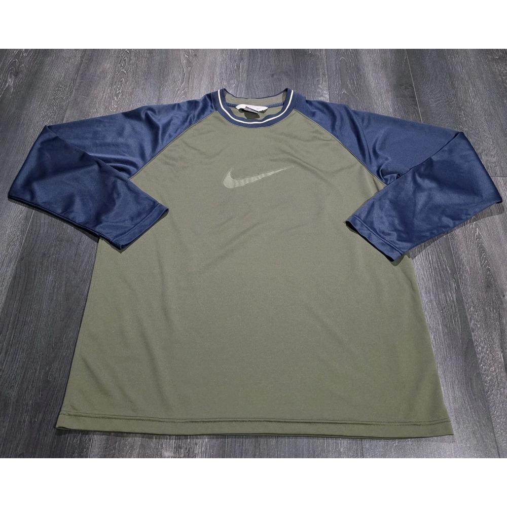 VTG Nike Raglan Sleeve Jersey Shirt Men XL Olive Green Blue 90s Center Swoosh